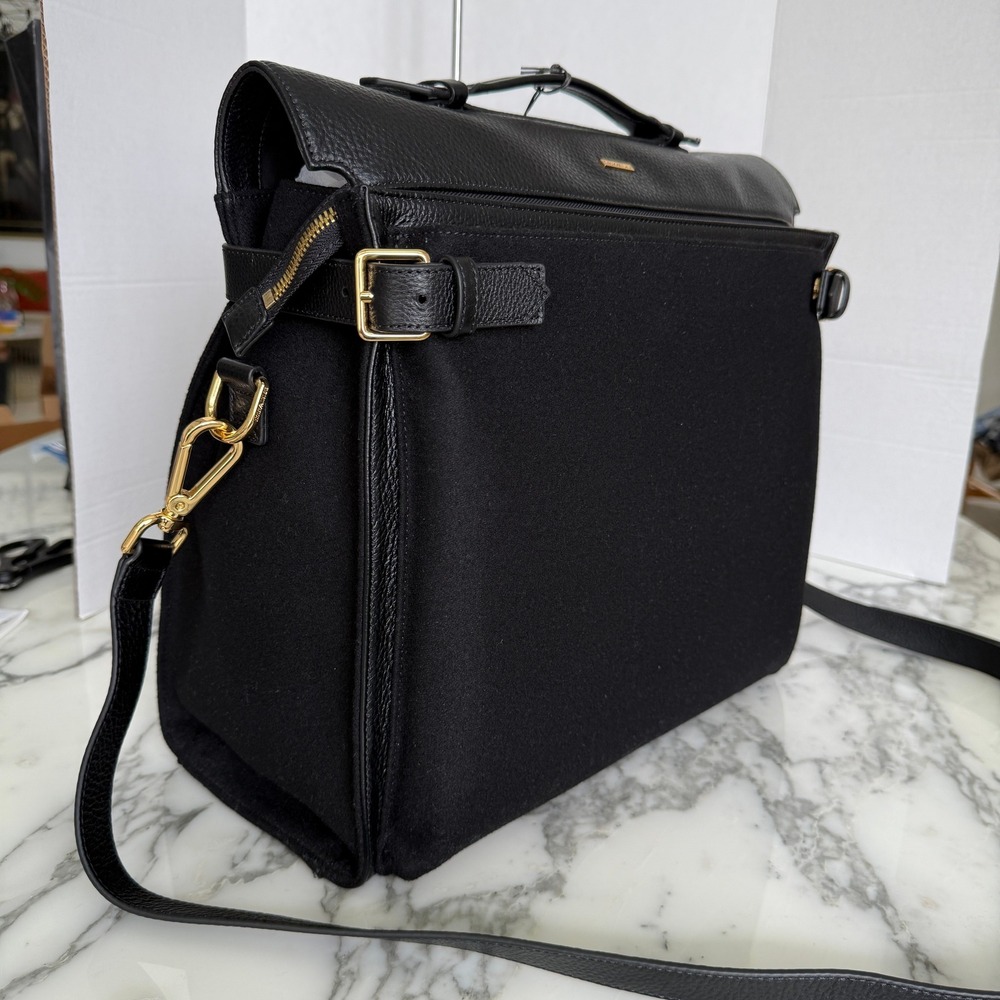 Emporio Armani Black Beauty Leather Wool Messenger Bag Briefcase EM0G4476